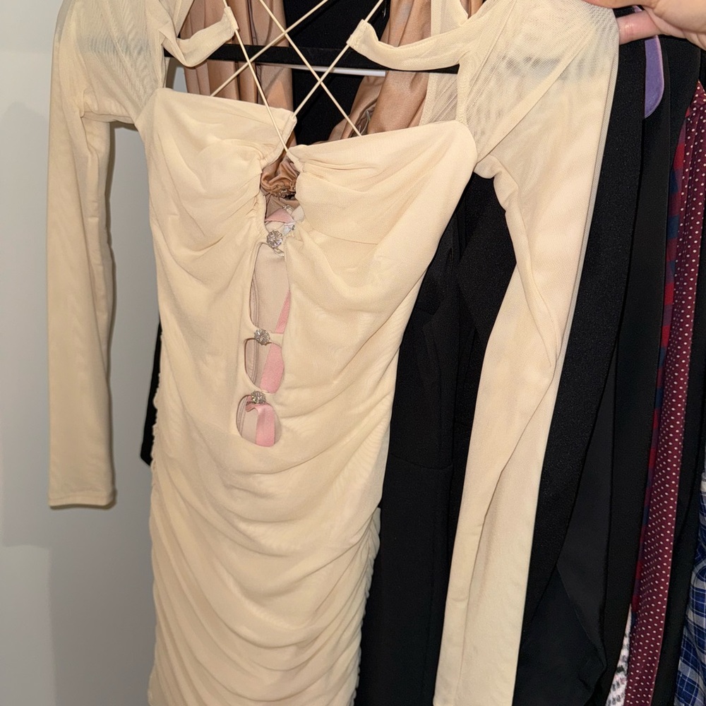 Oh Polly Cream Long Sleeve Ruched Dress